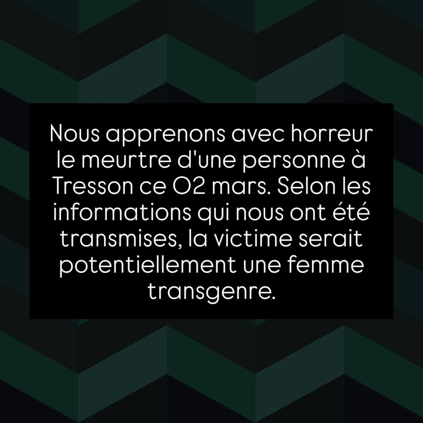 Nous apprenons avec horreur le meurtre d’une personne à Tresson ce 02 mars. Selon les informations qui nous ont été transmises, la victime serait potentiellement une femme transgenre.